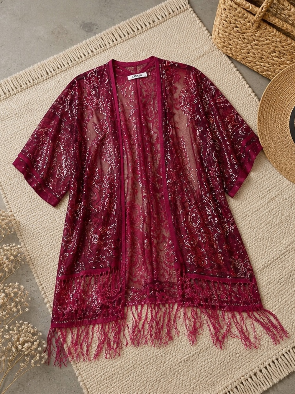 Origami Sheer  Burgundy Fringe Kimono